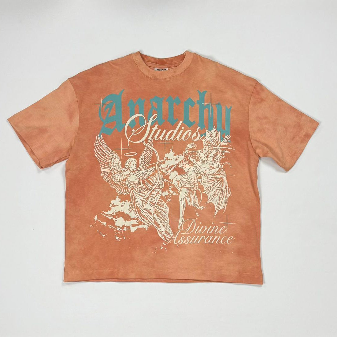 Orange t-shirt with graphic design and text 