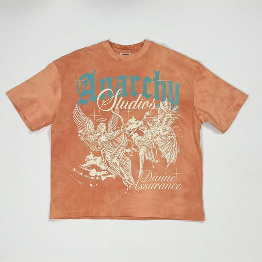 Orange t-shirt with graphic design and text 